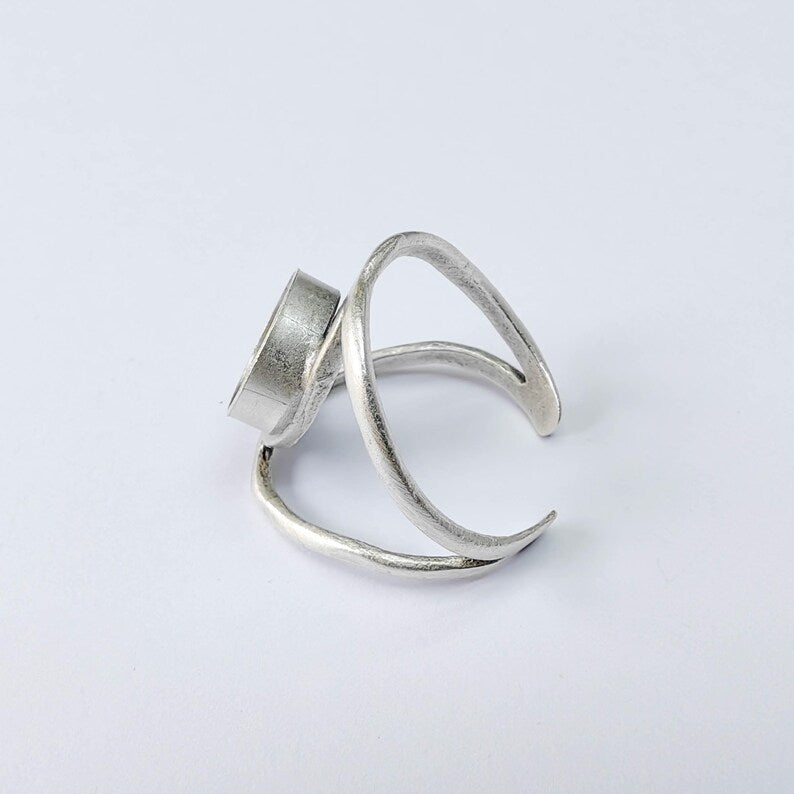 Antique Silver Adjustable Ring Base, 10mm Round Bezel Setting, Modern Open Band, G37894