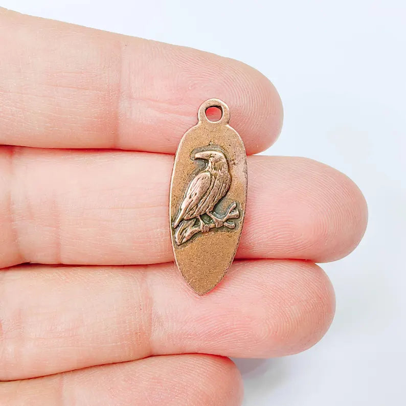 2 Raven Bird Charm Pendant, Double Sided Animal Nature Design, 30x12mm, Antique Copper Plated G37888