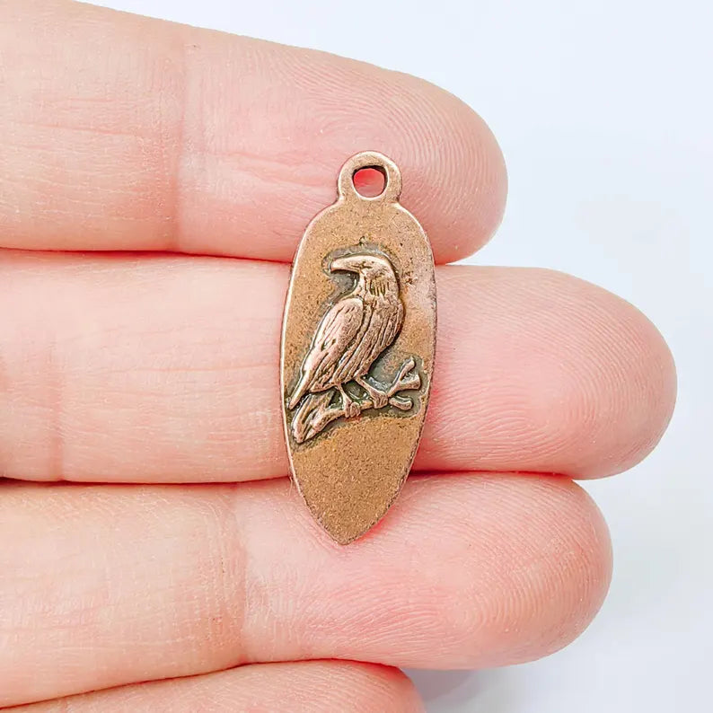 2 Raven Bird Charm Pendant, Double Sided Animal Nature Design, 30x12mm, Antique Copper Plated G37888