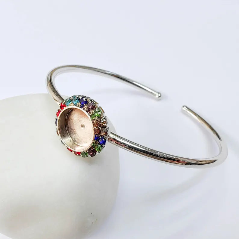 Colorful Crystal Accent Bracelet Bezel, Adjustable Cuff Bangle, 10mm Round Setting, Shiny Silver Brass, G37898