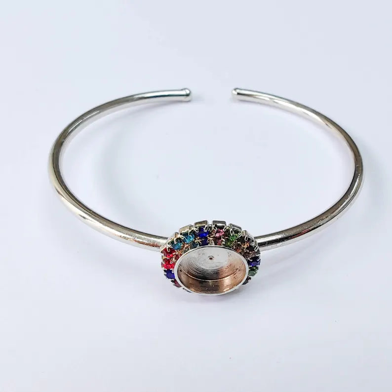 Colorful Crystal Accent Bracelet Bezel, Adjustable Cuff Bangle, 10mm Round Setting, Shiny Silver Brass, G37898