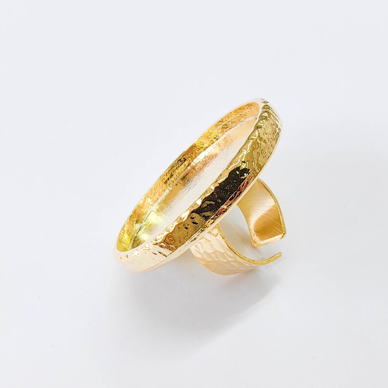 Hammered Ring Blank Setting Cabochon Base Mounting Adjustable Bezel 40mm Shiny Gold Plated G37843