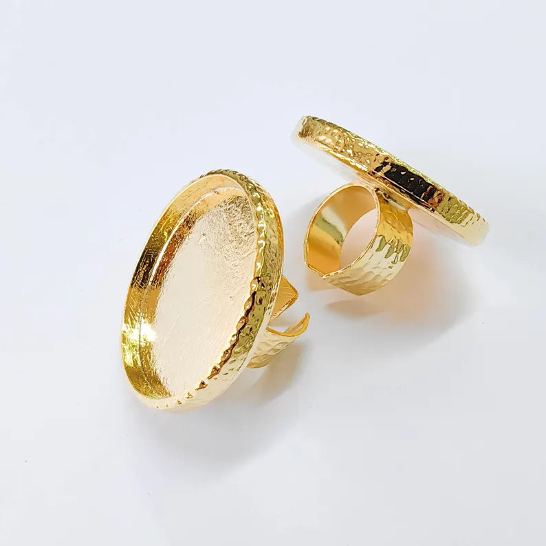 Hammered Ring Blank Setting Cabochon Base Mounting Adjustable Bezel 40mm Shiny Gold Plated G37843