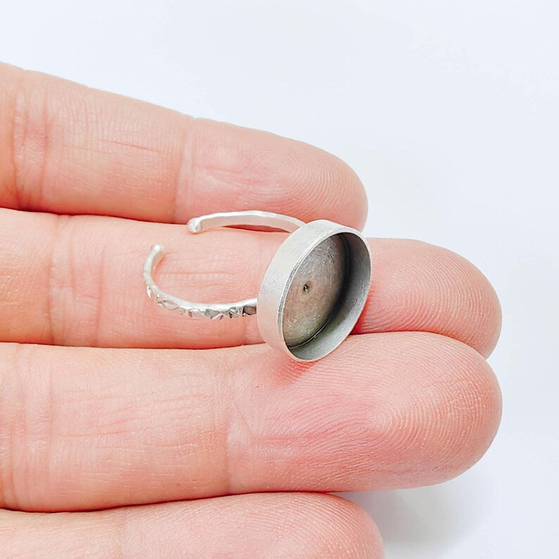 Adjustable Ring Base with Round Bezel, Textured Band, Antique Silver Plated Brass, 6mm, G37818 (Copy)