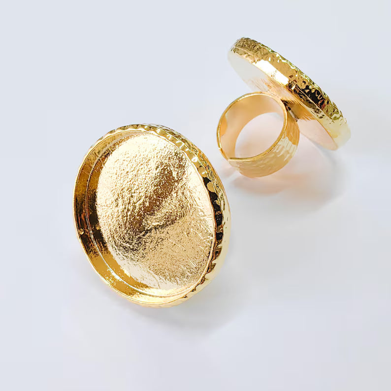 Hammered Ring Blank Setting Cabochon Base Mounting Adjustable Bezel 35mm Shiny Gold Plated G37848