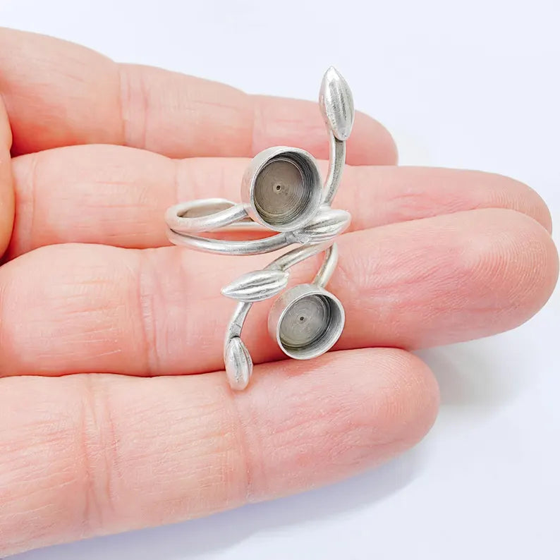 Antique Silver Adjustable Ring Base, 8mm Bezel, Leaf Design, G37850