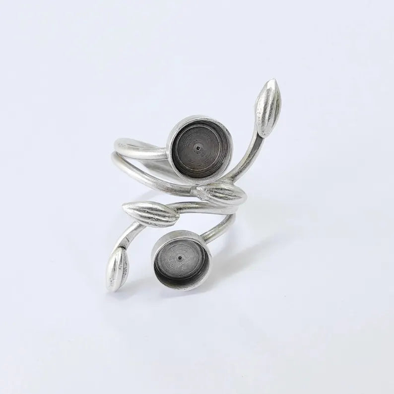 Antique Silver Adjustable Ring Base, 8mm Bezel, Leaf Design, G37850