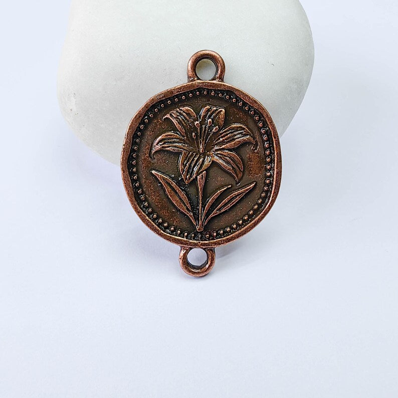 Lily Flower Charm Connector, Round Botanical Floral Design, Antique Copper Plated, 34x24mm, G37900