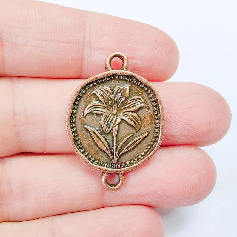 Lily Flower Charm Connector, Round Botanical Floral Design, Antique Copper Plated, 34x24mm, G37900