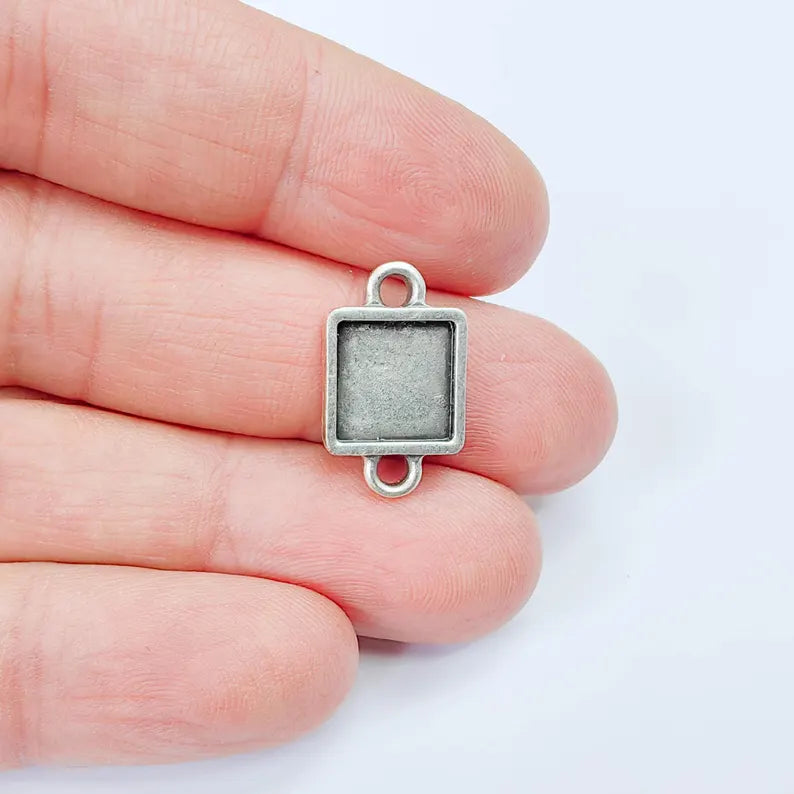 2 Square Bezel Connector, Double Loop Cabochon Blank, Antique Silver Plated 10x10mm G37903