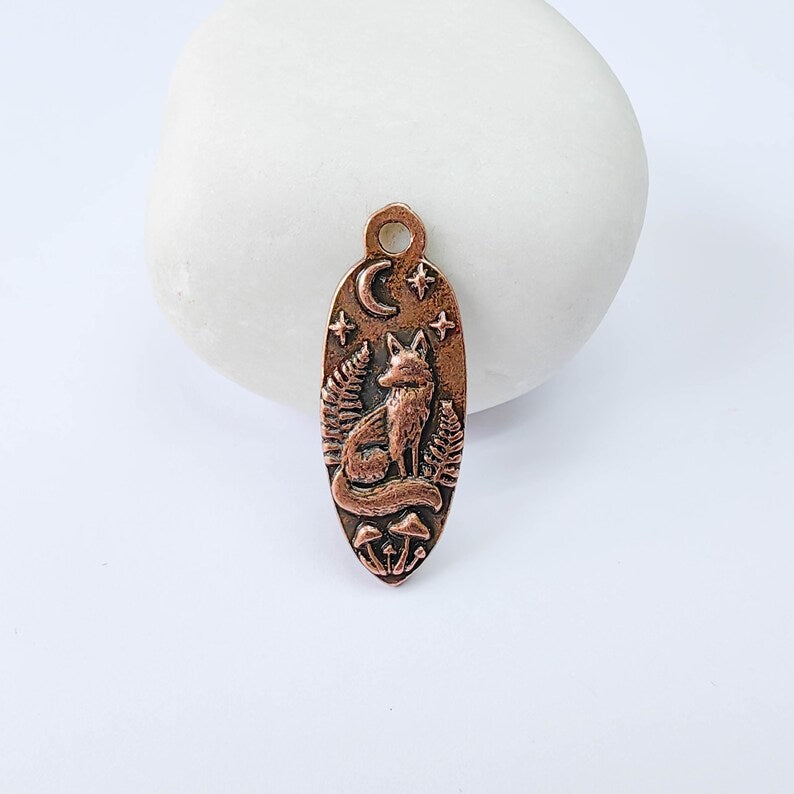Fox Moon Charm Pendant, Double Sided Woodland Design, Antique Copper Plated, 30x12mm, G37904