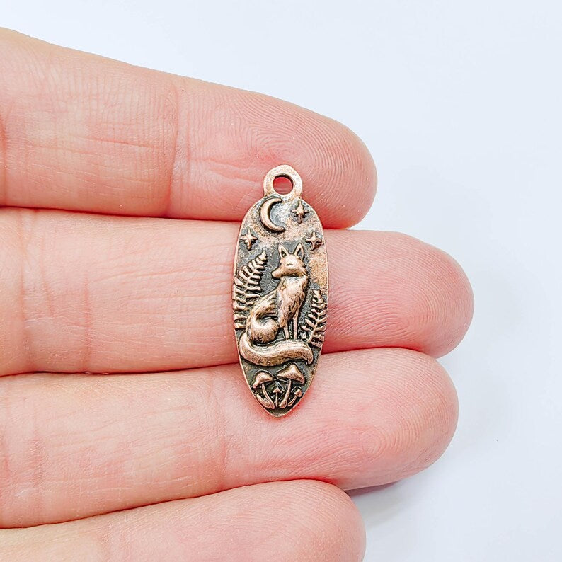 Fox Moon Charm Pendant, Double Sided Woodland Design, Antique Copper Plated, 30x12mm, G37904