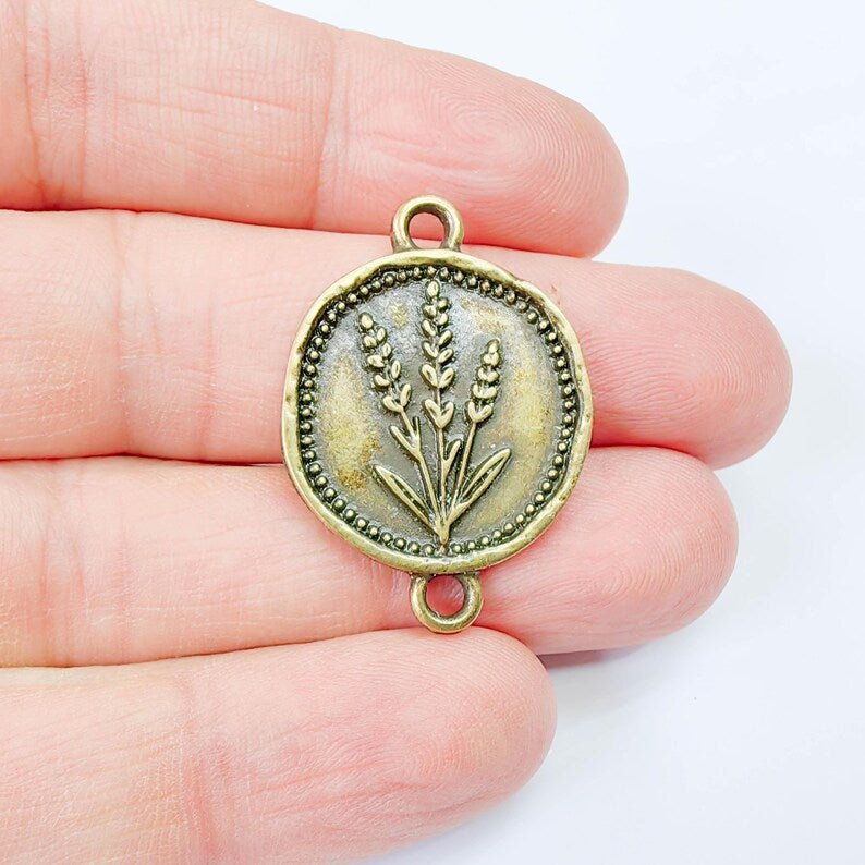 Lavender Flower Connector Charm, Botanical Floral Design, Antique Copper Plated, Oval Shape, 34x24mm, G37905