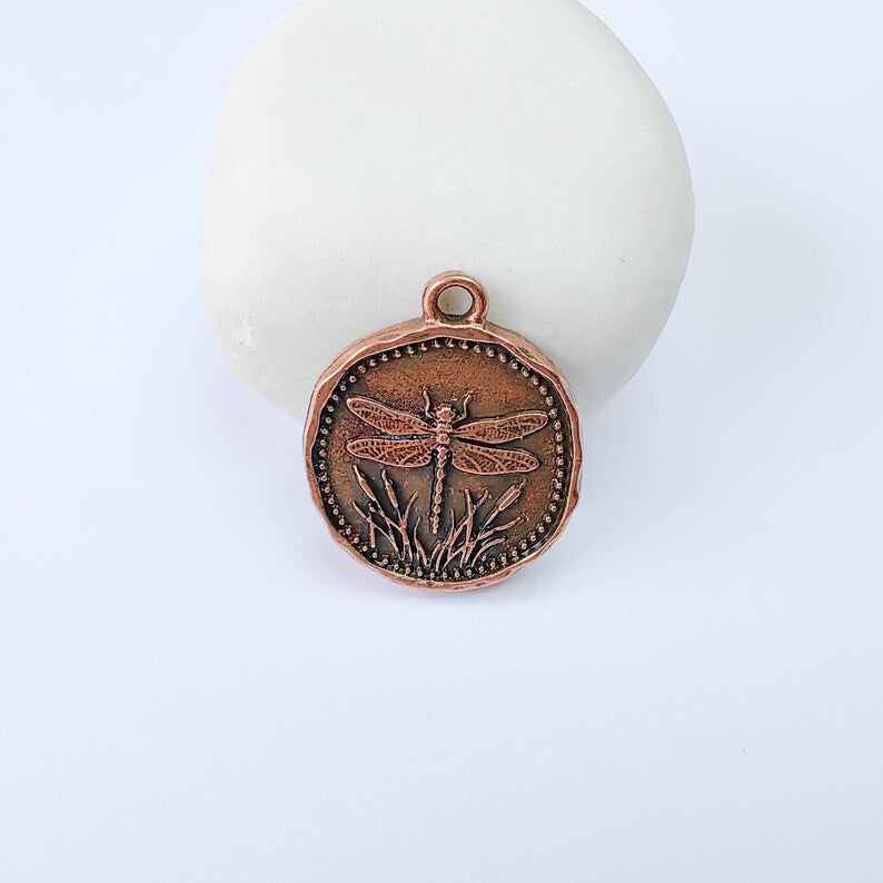 Dragonfly Charm Pendant, Double Sided Nature Design, Botanical Medallion, 28x24mm, Antique Copper Plated G37909