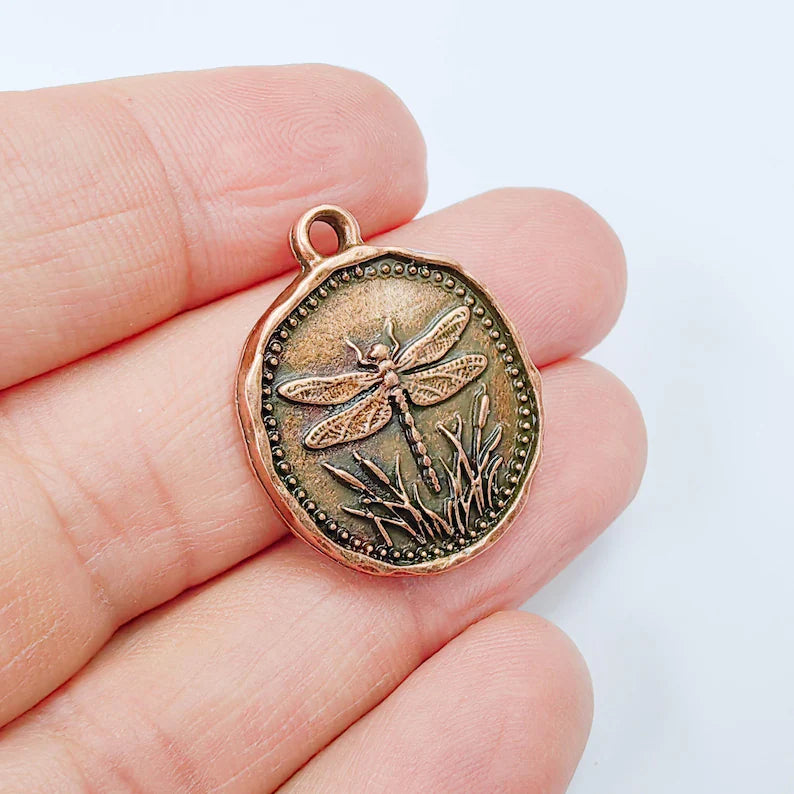 Dragonfly Charm Pendant, Double Sided Nature Design, Botanical Medallion, 28x24mm, Antique Copper Plated G37909