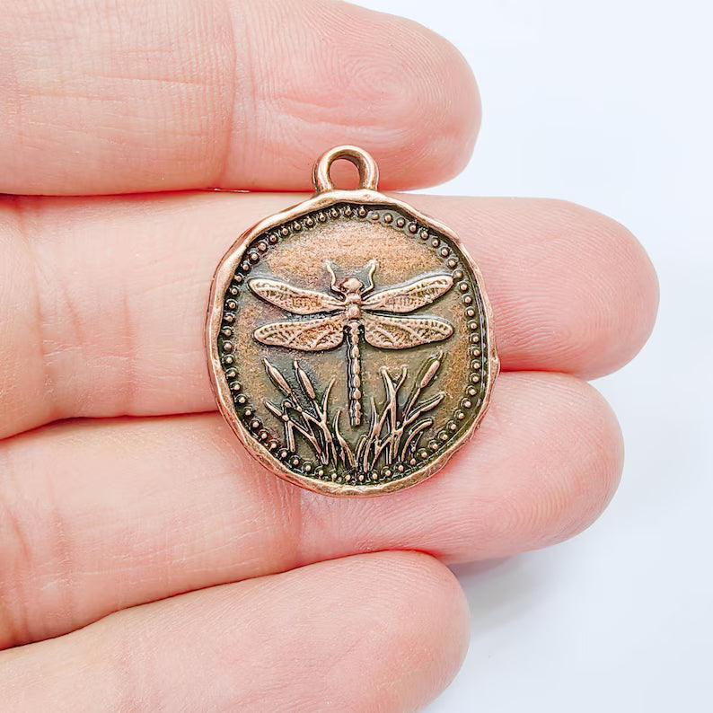 Dragonfly Charm Pendant, Double Sided Nature Design, Botanical Medallion, 28x24mm, Antique Copper Plated G37909
