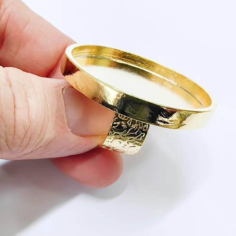 Shiny Gold Ring Setting, Cabochon Blank, Resin Bezel, Round Ring Mounting, Epoxy Frame Base, Adjustable Gold Plated 40mm G37852