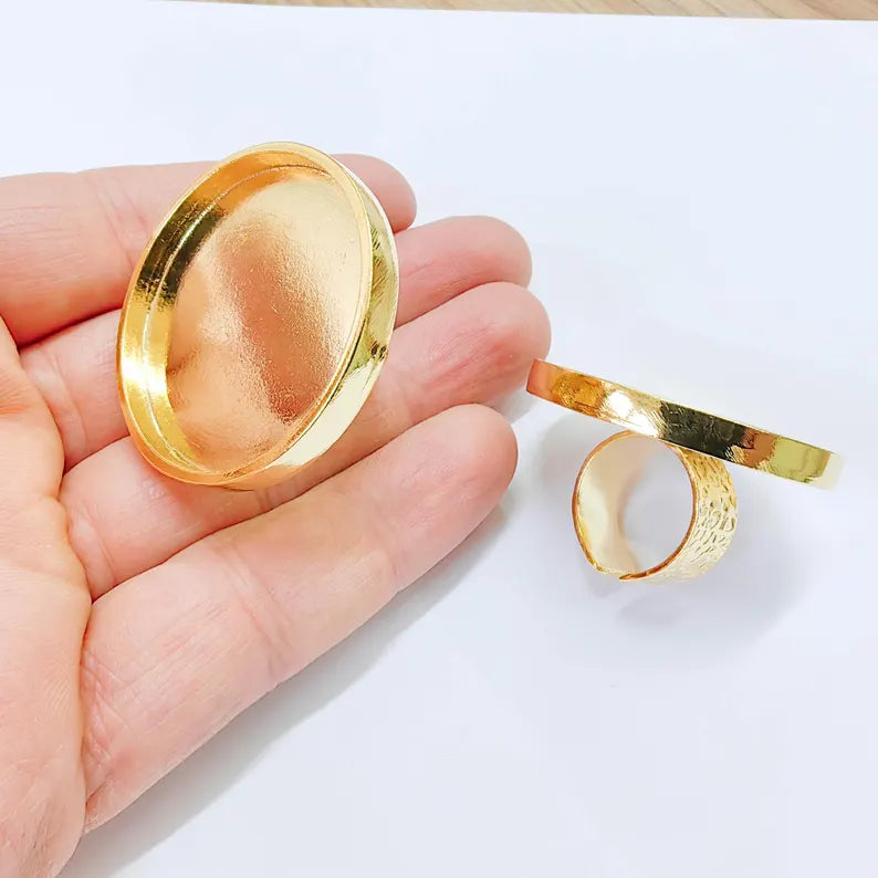 Shiny Gold Ring Setting, Cabochon Blank, Resin Bezel, Round Ring Mounting, Epoxy Frame Base, Adjustable Gold Plated 40mm G37852