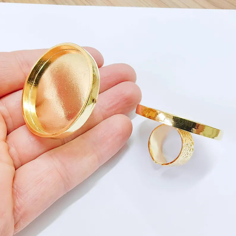 Shiny Gold Ring Setting, Cabochon Blank, Resin Bezel, Round Ring Mounting, Epoxy Frame Base, Adjustable Gold Plated 40mm G37852