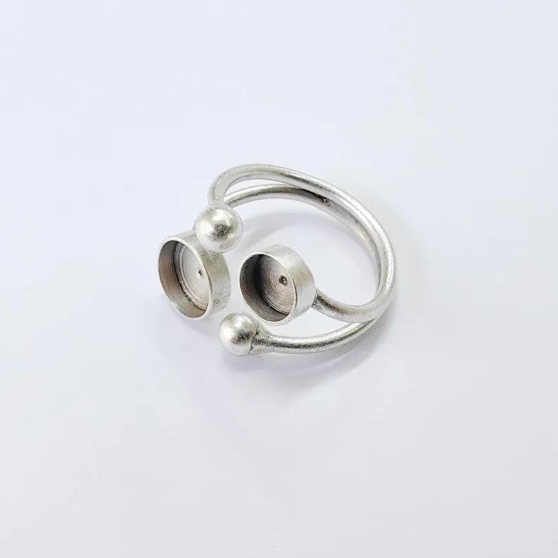 Antique Silver Adjustable Ring Base, 6mm 8mm Bezel, Double Round Setting, G37854