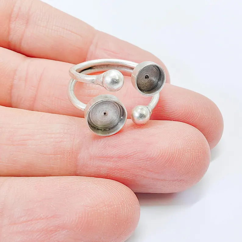 Antique Silver Adjustable Ring Base, 6mm 8mm Bezel, Double Round Setting, G37854