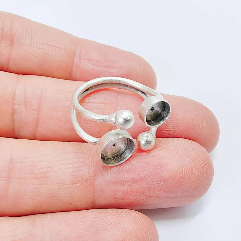 Antique Silver Adjustable Ring Base, 6mm 8mm Bezel, Double Round Setting, G37854