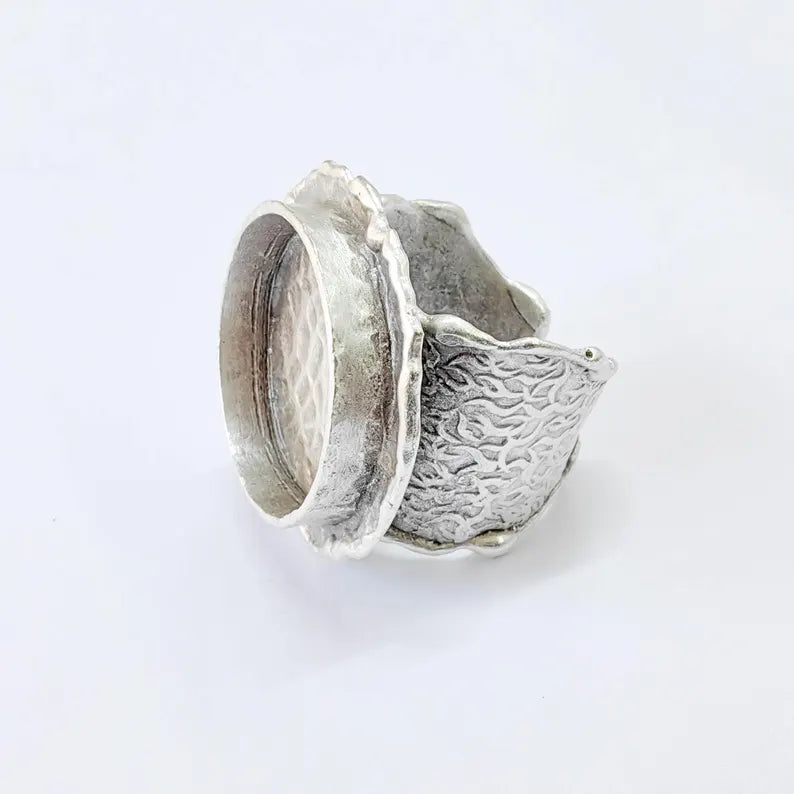 Antique Silver Adjustable Ring Base, 20mm Bezel, Wide Textured Band, G37857