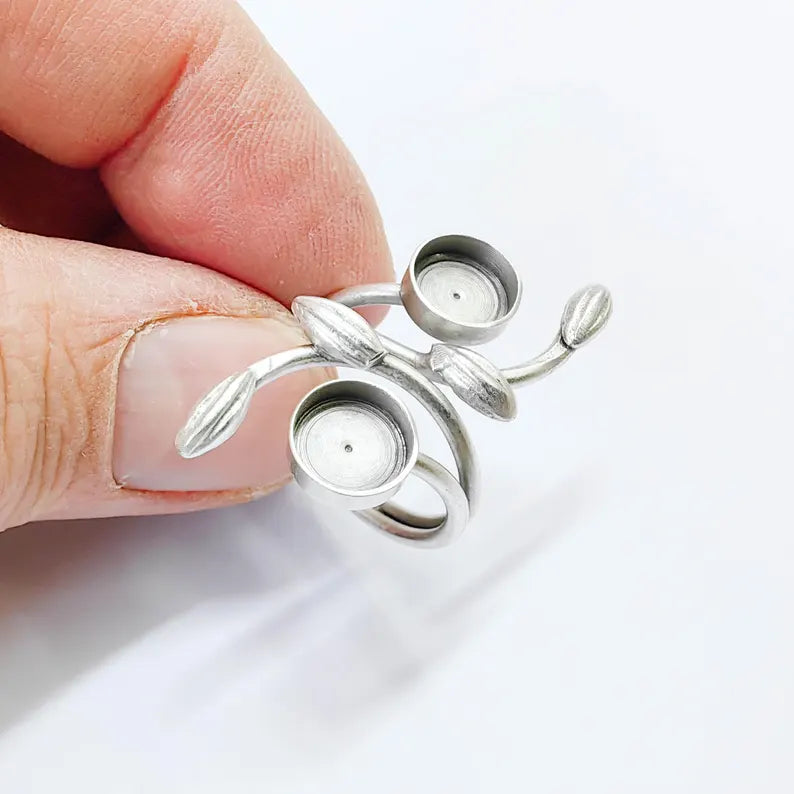 Antique Silver Adjustable Ring Base, 8mm Double Bezel, Leaf Design, G37861