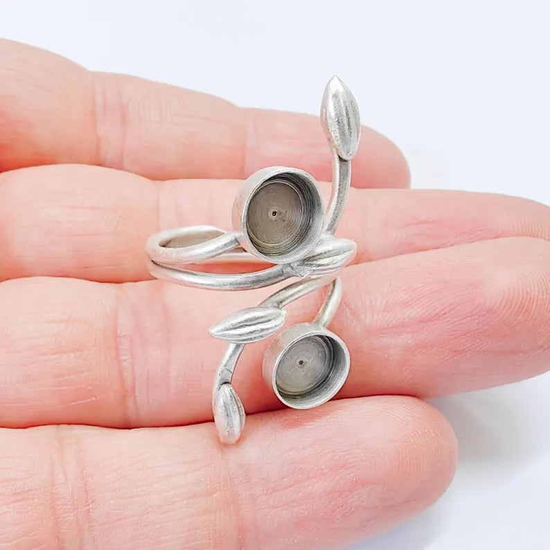 Antique Silver Adjustable Ring Base, 8mm Double Bezel, Leaf Design, G37861