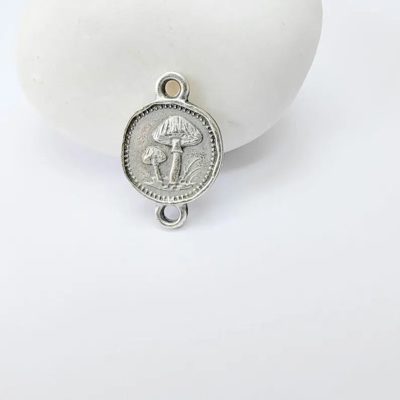 4 Mushroom Charm Connector, Double Sided Forest Nature Design, Antique Silver Plated, 20x13mm, G37910