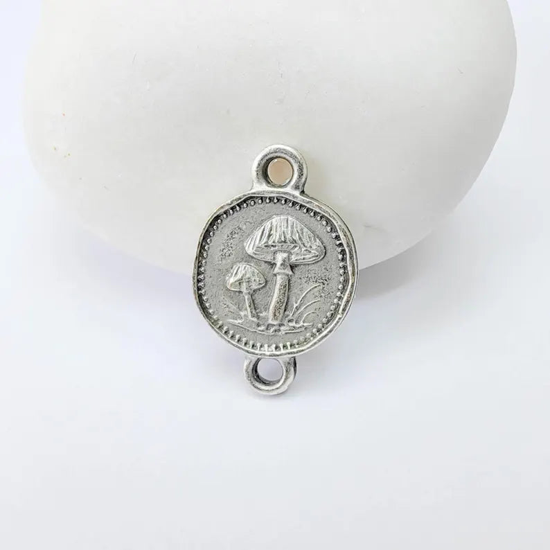 4 Mushroom Charm Connector, Double Sided Forest Nature Design, Antique Silver Plated, 20x13mm, G37910