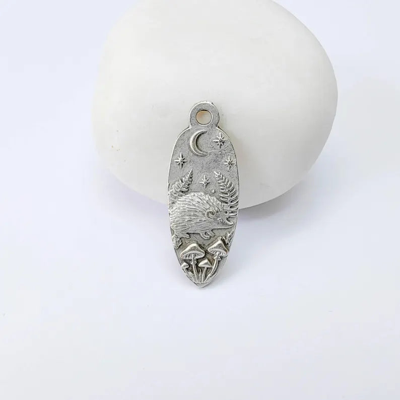 Hedgehog Charm Pendant, Double Sided Woodland Nature Design, 30x12mm, Antique Silver Plated G37911