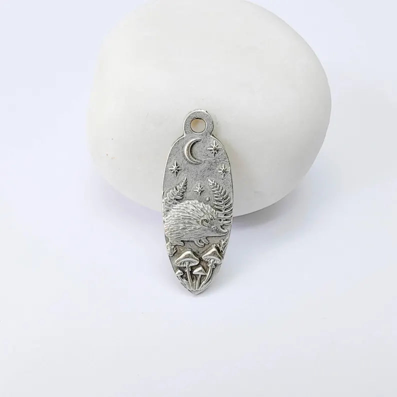 Hedgehog Charm Pendant, Double Sided Woodland Nature Design, 30x12mm, Antique Silver Plated G37911