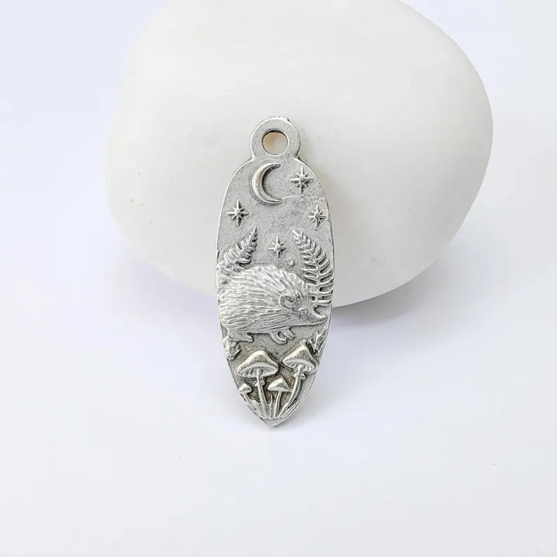 Hedgehog Charm Pendant, Double Sided Woodland Nature Design, 30x12mm, Antique Silver Plated G37911