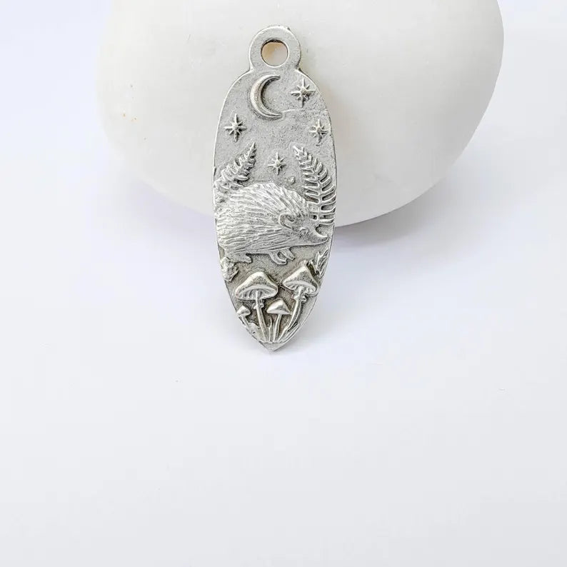 Hedgehog Charm Pendant, Double Sided Woodland Nature Design, 30x12mm, Antique Silver Plated G37911