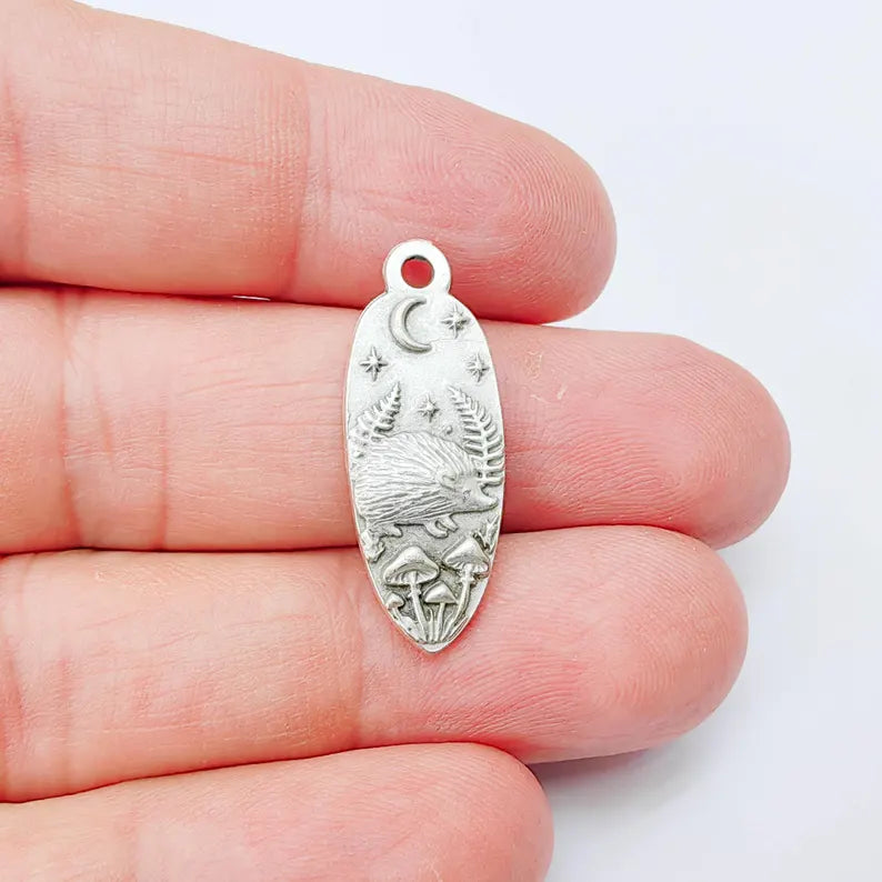 Hedgehog Charm Pendant, Double Sided Woodland Nature Design, 30x12mm, Antique Silver Plated G37911