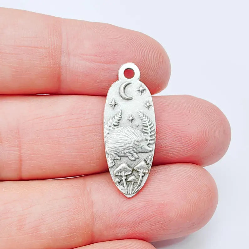 Hedgehog Charm Pendant, Double Sided Woodland Nature Design, 30x12mm, Antique Silver Plated G37911
