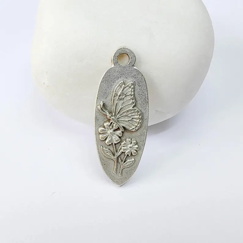 Butterfly Flower Charm Pendant, Double Sided Nature Design, Antique Silver Plated, 30x12mm, G37863