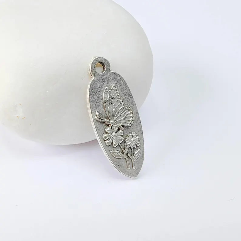 Butterfly Flower Charm Pendant, Double Sided Nature Design, Antique Silver Plated, 30x12mm, G37863
