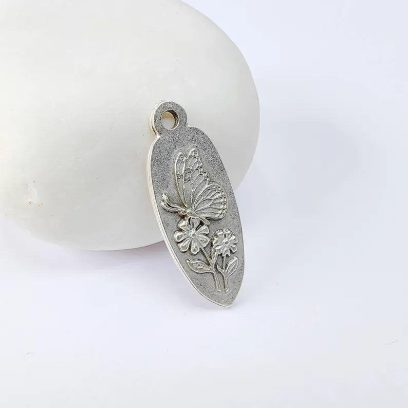 Butterfly Flower Charm Pendant, Double Sided Nature Design, Antique Silver Plated, 30x12mm, G37863