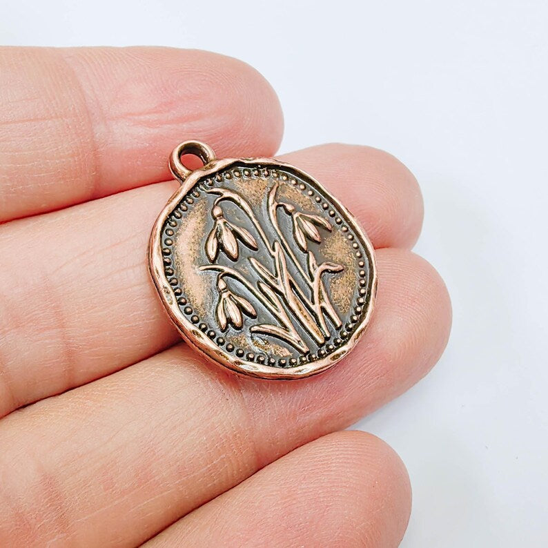 Snowdrop Flower Charm Pendant, Double Sided Botanical Nature Design, Round Shape, 28x24mm, G37864