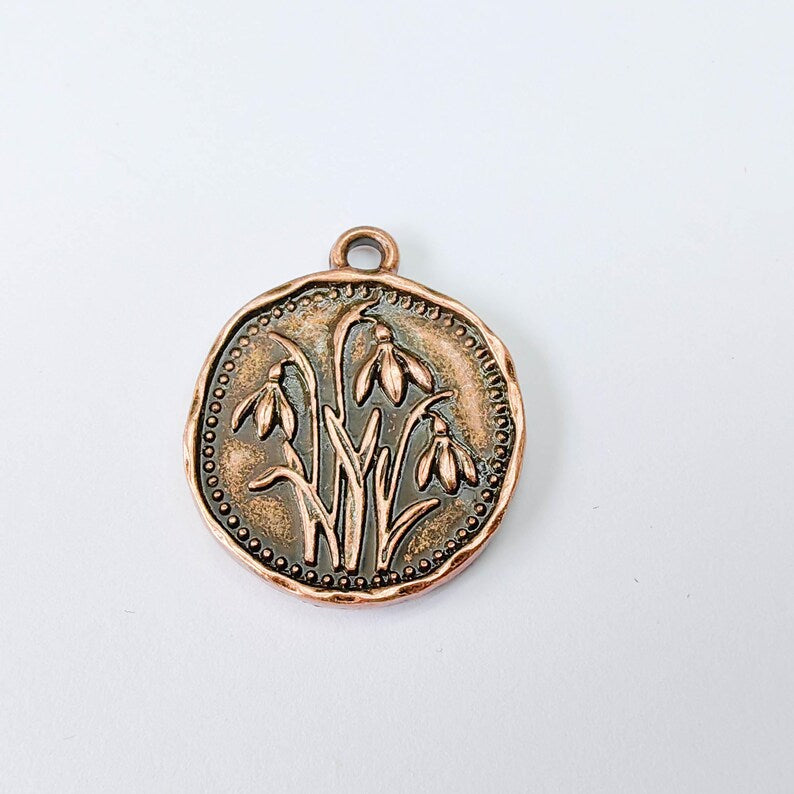 Snowdrop Flower Charm Pendant, Double Sided Botanical Nature Design, Round Shape, 28x24mm, G37864