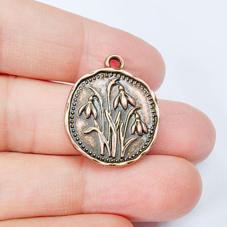 Snowdrop Flower Charm Pendant, Double Sided Botanical Nature Design, Round Shape, 28x24mm, G37864