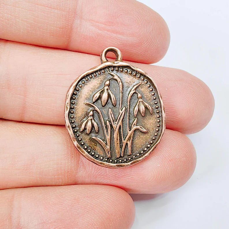 Snowdrop Flower Charm Pendant, Double Sided Botanical Nature Design, Round Shape, 28x24mm, G37864