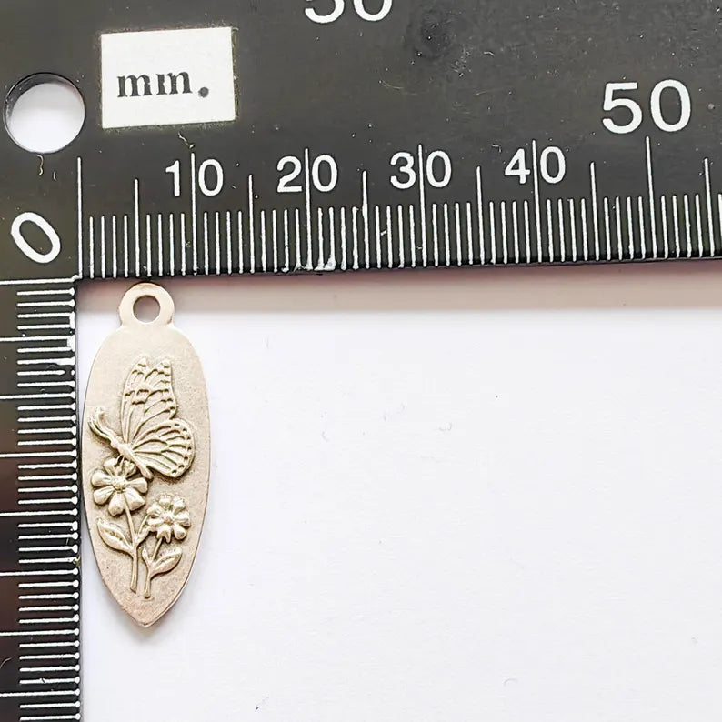 Butterfly Flower Charm Pendant, Double Sided Nature Design, Antique Silver Plated, 30x12mm, G37863