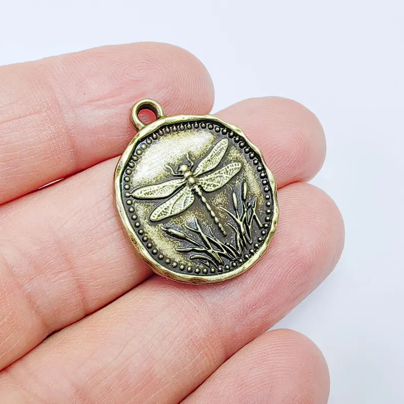 Dragonfly Charm Pendant, Double Sided Nature Design, Round Botanical Medallion, 28x24mm, Antique Bronze G37866