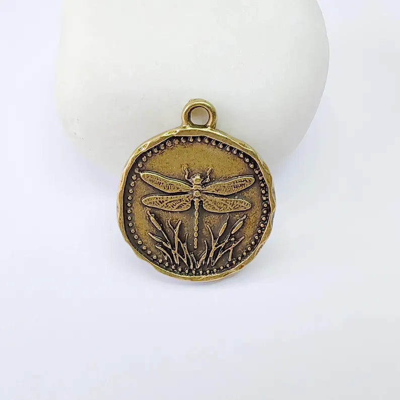Dragonfly Charm Pendant, Double Sided Nature Design, Round Botanical Medallion, 28x24mm, Antique Bronze G37866