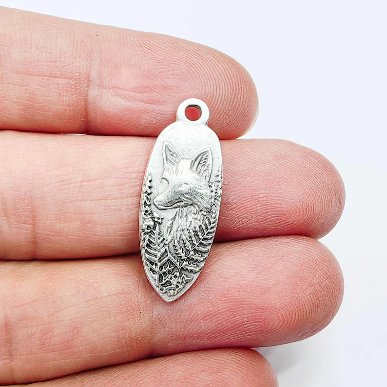 Fox Charm Pendant, Double Sided Woodland Animal Design Wolf, Antique Silver Plated, 30x12mm, G37867