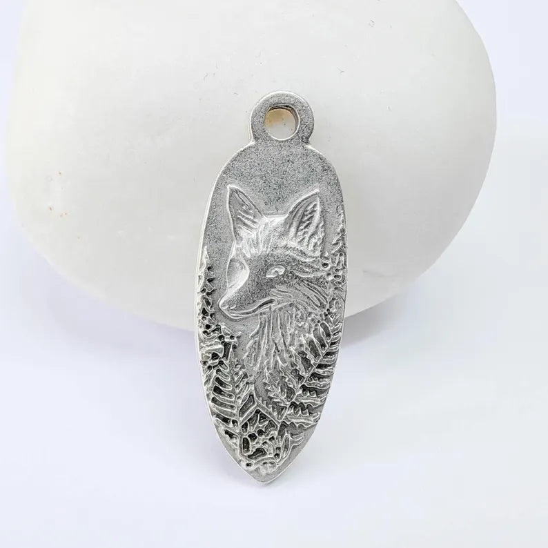 Fox Charm Pendant, Double Sided Woodland Animal Design Wolf, Antique Silver Plated, 30x12mm, G37867