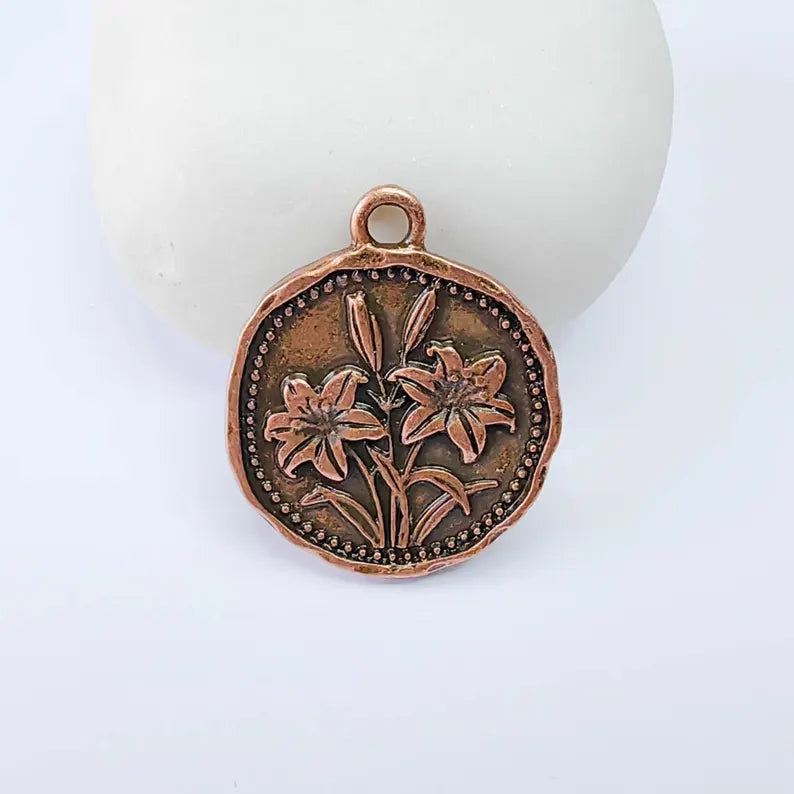 Lily Flower Charm Pendant, Double Sided Botanical Nature Design, Round Shape, 28x24mm, G37868